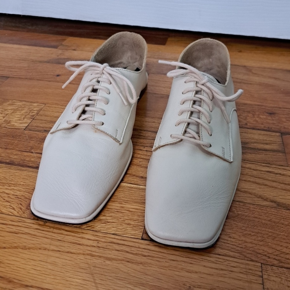 Zara Elegant Cream Women's Leather Lace Up Square Toe Oxford Shoes 39 (US 8) - Picture 4 of 6